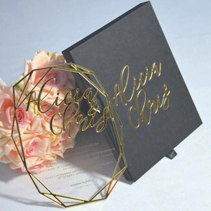 Geometric Clear Acrylic Wedding Invitation, 3D <b>Gold</b> Mirror Script Names, Faceted <b>Frame</b> Card with <b>Black</b> Invitation Box - Product Image 1