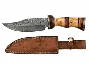 Cuchillo utilitario de exterior hecho a mano con acero de Damasco, mango de madera de olivo y funda de cuero. - Product Image 3