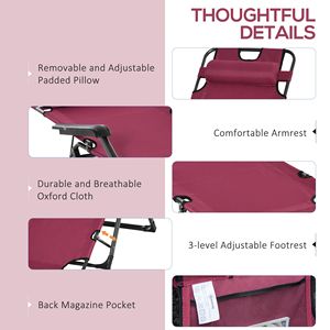 Sdraio da Giardino 2-in-1 con Cuscino e Poggiapiedi Regolabile, Lettino Pieghevole Rosso - 120/180 Gradi in Tessuto Oxford - Product Image 4