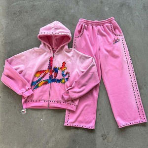 Conjunto Deportivo Unisex Gris con Capucha, Sudadera con Cremallera de Manga Larga y Pantalones, Adornado con Pedrería Arcoíris, Ropa Urbana para Otoño - Product Image 4