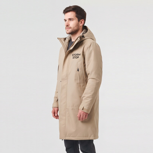 Manteau long à capuche pour homme, coupe-vent, avec logo personnalisé, vêtements d'extérieur, fermeture éclair intégrale, manteaux longs en nylon et polyester pour homme, vestes longues boutonnées pour la randonnée - Product Image 4