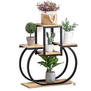Support à plantes moderne multi-niveaux en métal et bois, pour intérieur et extérieur, en forme de demi-lune, étagères courbes pour pots de fleurs, décoration pour la maison et le jardin - Product Image 1