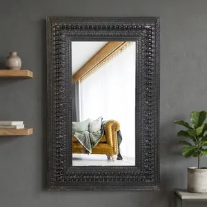 Miroir mural en bois sculpté à la main, style rustique, cadre noir vieilli, miroir décoratif de luxe - Product Image 3