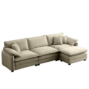 Divano Sezionale a L Oversize a 3 Posti in Corduroy Tan con Poggiapiedi e Pouf per Soggiorni - Product Image 5