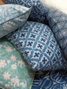 Real Hand Block Printed Pistachio Sky Blue Feuille Home 100% Cotton Slub Anti-Dust Mite Anti-Bacteria <b>Cushion</b> Cover Front <b>Back</b> - Product Image 4