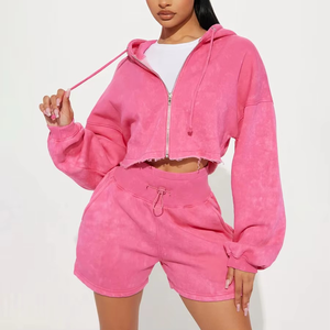 Conjunto de Sudadera con Capucha y Cremallera con Logotipo Personalizado, Lavado Ácido, Hombros Caídos, y Pantalones Cortos con Cordones y Cintura Elástica para Mujer - Product Image 6