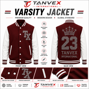 TANVEX INTERNATIONAL Men's Varsity <b>Jacket</b> Wool Blend Snap Button <b>Rhinestone</b> Embroidery Preppy Style Autumn Wear - Product Image 2