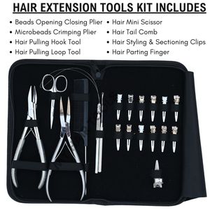 Kit d'outils professionnels pour extensions capillaires argenté, comprenant des pinces à micro-perles, un outil d'ouverture de perles et une pince de coiffure pour la séparation des mèches - Product Image 2