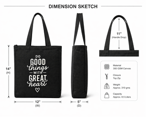 Sac fourre-tout en toile imprimé « Faites des choses bien faites avec un grand cœur », fermeture éclair, noir, sac de courses réutilisable - Product Image 2