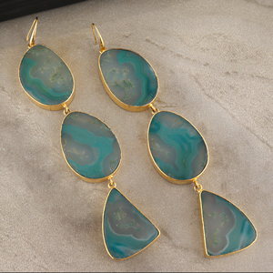 Classic freeform agate gemstone long <b>earrings</b> with handmade 18k gold plated bezel setting stone wholesale dangling <b>hook</b> jewelry - Product Image 5