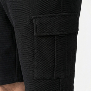Men Black Cargo Shorts Elastic Waist High Rise Solid Color Casual Breathable Woven Oxford Fabric Street Style Shorts - Product Image 6