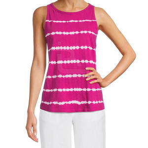 Camiseta sin mangas de punto a rayas con efecto tie-dye rosa para mujer, cuello redondo, informal, transpirable, longitud regular - Product Image 3