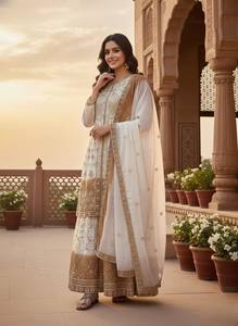 Ensemble Salwar Kameez en Soie Dorée Ombrée Crème pour Femme, Tenue Traditionnelle Indienne et Pakistanaise, Idéal pour Mariages et Fêtes, Longueur Ras du Sol, Coupe Classique - Product Image 5