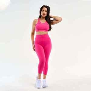 Pink 2 Piece Yoga Set Racerback <b>Crop</b> <b>Top</b> High Waist Knee Length Leggings Seamless Solid Color Spandex Polyester - Product Image 3