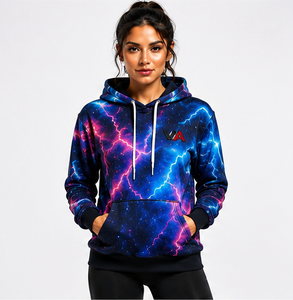 Sudadera con Capucha para Mujer, Estampado de Rayos por Sublimación, Azul y Rosa, Tejido de Poliéster, Prenda Otoñal Transpirable, Puños Acanalados Negros Sólidos - Product Image 1