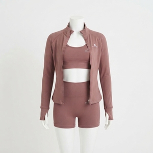Women Dusty Rose Yoga Set Sports Bra Biker Shorts Zip Up <b>Jacket</b> Gym Fitness <b>Workout</b> Activewear Three Piece Set - Product Image 1