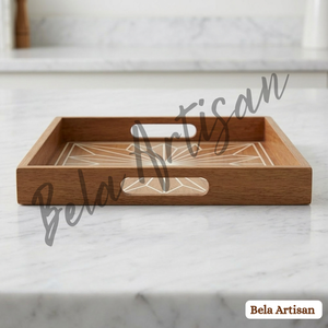 Bandeja de Servir Moderna Hecha a Mano con Incrustaciones de Madera y Patrón Geométrico para Decoración de Bodas, Ramadán y Diwali, con Asas - Product Image 2