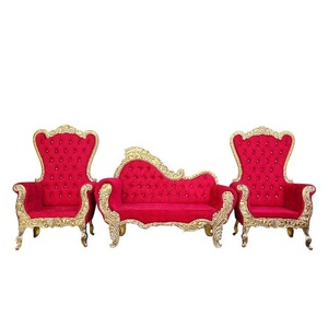 Royal Red Velvet Wedding Throne <b>Sofa</b> Set with High Back Throne Chairs in <b>gold</b> metal polish for Bride and Groom Stage Seating - Product Image 1
