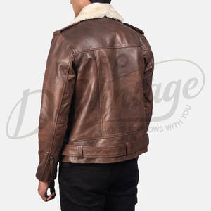 Veste de motard en cuir véritable marron pour homme de qualité supérieure avec col en fausse fourrure crème, coupe ajustée, manteau d'hiver pour moto, vêtement d'extérieur élégant - Product Image 6