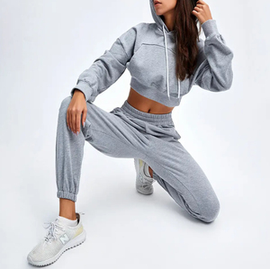 Ensemble sweat à capuche court et pantalon de jogging en velours rose, fermeture éclair intégrale, manches longues, coupe ample, ensemble décontracté deux pièces pour femme - Product Image 3