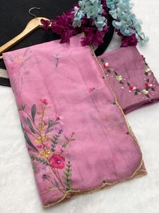 Sari de Seda con Estampado Floral, Lentejuelas, Bordado Katdana Hecho a Mano, Blusa Jalpari de Diseñador, Sin Arrugas, Largo hasta el Suelo, para Bodas y Fiestas - Product Image 6