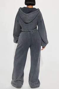 Ensemble de survêtement décontracté pour femme, hiver, imprimé, coupe oversize, avec sweat à capuche court, effet délavé à l'acide, strass, effet soleil, fermeture éclair, manches longues, écoresponsable - Product Image 6