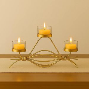Golden Triple <b>T</b>-<b>Light</b> <b>Candle</b> Holder Elegant Metal <b>Candle</b> Stand for Home Festive Decoration Table Centerpiece Gifting - Product Image 4