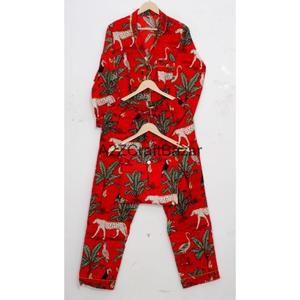 Pyjamas pour femmes faits à la main en Inde, imprimés à la main - Ensemble printemps/été en pur coton 100% de qualité supérieure - Product Image 1