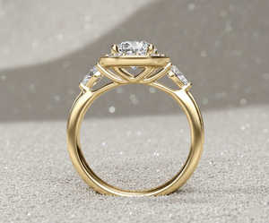 Anillo de compromiso de oro de 14K con diamante redondo cultivado en laboratorio y halo, anillo nupcial con piedra lateral en forma de pera, proveedor. - Product Image 2