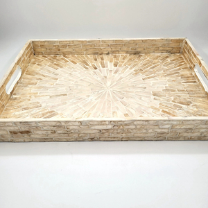 Plateau de service rectangulaire en nacre avec poignées intégrées, incrustation de mosaïque de nacre polie, plateau décoratif pour table basse - Product Image 6