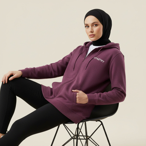 Chaqueta larga con capucha y cremallera para mujer musulmana, estilo deportivo modesto, con bolsillos, para sesiones de gimnasio, correr y looks casuales. - Product Image 1