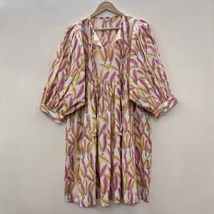 Vestido Casual Midi para Mujer, Tejido 100% Algodón, Liso, Manga Corta, Cintura Imperio, Estilo Babydoll, Cuello en V, Holgado, Funcional - Product Image 3