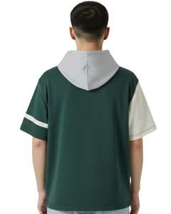 Camiseta con Capucha de Manga Corta Verde Oscuro Personalizada para Hombre con Bolsillo de Contraste, Estilo Casual Urbano, Top Pullover, Venta al por Mayor OEM - Product Image 2