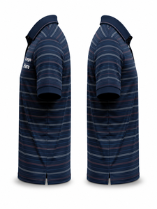 Chemise tricotée rayée pour homme de haute qualité, ODM, manches courtes, décontractée, bleu foncé avec des lignes blanches et rouges, coupe classique, logo personnalisé - Product Image 4