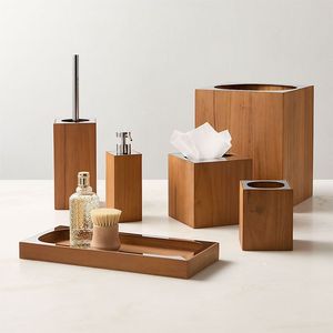 Juego de Baño de Madera de Diseño Minimalista, Dispensador de Jabón, Portacepillos de Dientes, Caja para Toallas de Papel, Bandeja Redonda, Juego de Decoración de Madera Duradera de Seis Piezas - Product Image 3