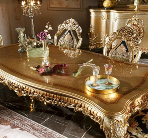 ชุดโต๊ะรับประทานอาหารไม้สักแท้แกะสลักสไตล์ยุโรปคลาสสิกสีทองหรูหราสำหรับใช้ในโรงแรม ผลิตในอินโดนีเซีย - Product Image 3