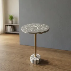 <b>Round</b> Gray <b>Wood</b> Side <b>Table</b> with Floral Bone Inlay Top Brass Metal Pedestal and Decorative Base Modern Accent Furniture - Product Image 3