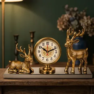 Decorative Deer and Stag Table <b>Clock</b> with Antique Metal Finish Elegant Wildlife Figurine <b>Mantel</b> <b>Clock</b> for Luxury Home Office - Product Image 3