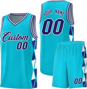 Conjunto de Uniforme de Baloncesto Personalizado, Azul Turquesa, Estampado Geométrico Sublimado, Cuello en V, Sin Mangas, Unisex para Adultos, Todas las Temporadas - Product Image 1