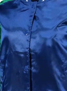 Custom Satin Blue Hooded Varsity <b>Jacket</b> Green Sleeves Patchwork Cartoon Design 100% Wool Premium Quality College Letterman - Product Image 2