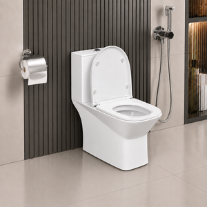 Ensemble WC minimaliste deux pièces à poser au sol avec chasse d'eau Tornado, abattant lent, en céramique écologique pour usage scolaire - Product Image 2