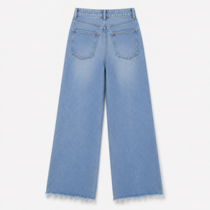 Vaqueros de mujer de cintura alta, lavado claro, pierna ancha, teñidos, con dobladillo, corte regular, 100% algodón, estilo casual urbano, ecológicos - Product Image 3