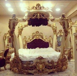 Luxury High End Modern Carved Teak Wood Round Four <b>Poster</b> Canopy Bed with Golden Heavy Carving - Product Image 6