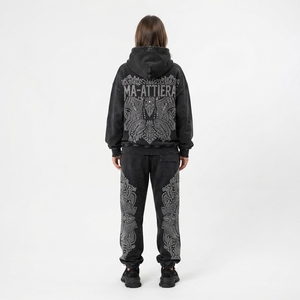 Conjunto de Sudadera con Capucha y Pantalones Deportivos Personalizados para Mujer, con Pedrería Negra y Diseño Paisley, de Algodón y Felpa, Ropa Deportiva Urbana, Venta al Por Mayor OEM - Product Image 2