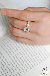 Gold Plated <b>Silver</b> Moissanite Emerald Cut Halo Wedding <b>Band</b> <b>Ring</b> for Women-Anniversary Gift - Product Image 3