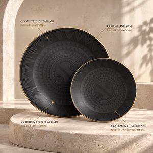 Platos de Cena Geométricos Negros con Borde Dorado, Juego de Vajilla Moderna de Lujo con Patrón Texturizado para una Cena Elegante |   Juegos de Platos Premium - Product Image 3