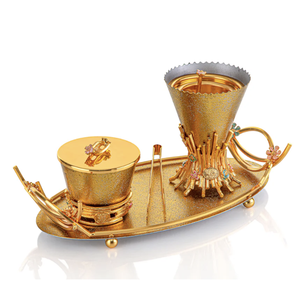 Encensoir en bois du Moyen-Orient avec couvercle en laiton et plateau en métal doré pour l'aromathérapie - Product Image 4