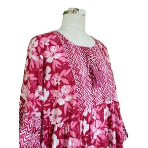 Women Eye-Catching Pink Floral Maxi <b>Dress</b> O Neck Casual <b>Dress</b> Trendy <b>Boho</b> Cotton Printed <b>Dress</b> Supplier - Product Image 4