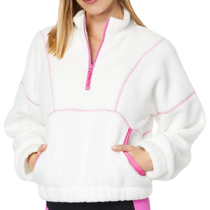 Women White Fleece Tracksuit With Pink Trim Quarter-Zip <b>Hoodie</b> And Side Pockets Casual Winter Wear Full Length Loose Fit - Product Image 6