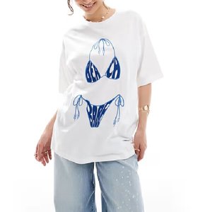 Camiseta Blanca Extra Grande para Mujer con Estampado de Bikini Azul, Cuello Redondo, Manga Corta, Corte Holgado, Ropa Casual de Primavera/Verano - Product Image 3